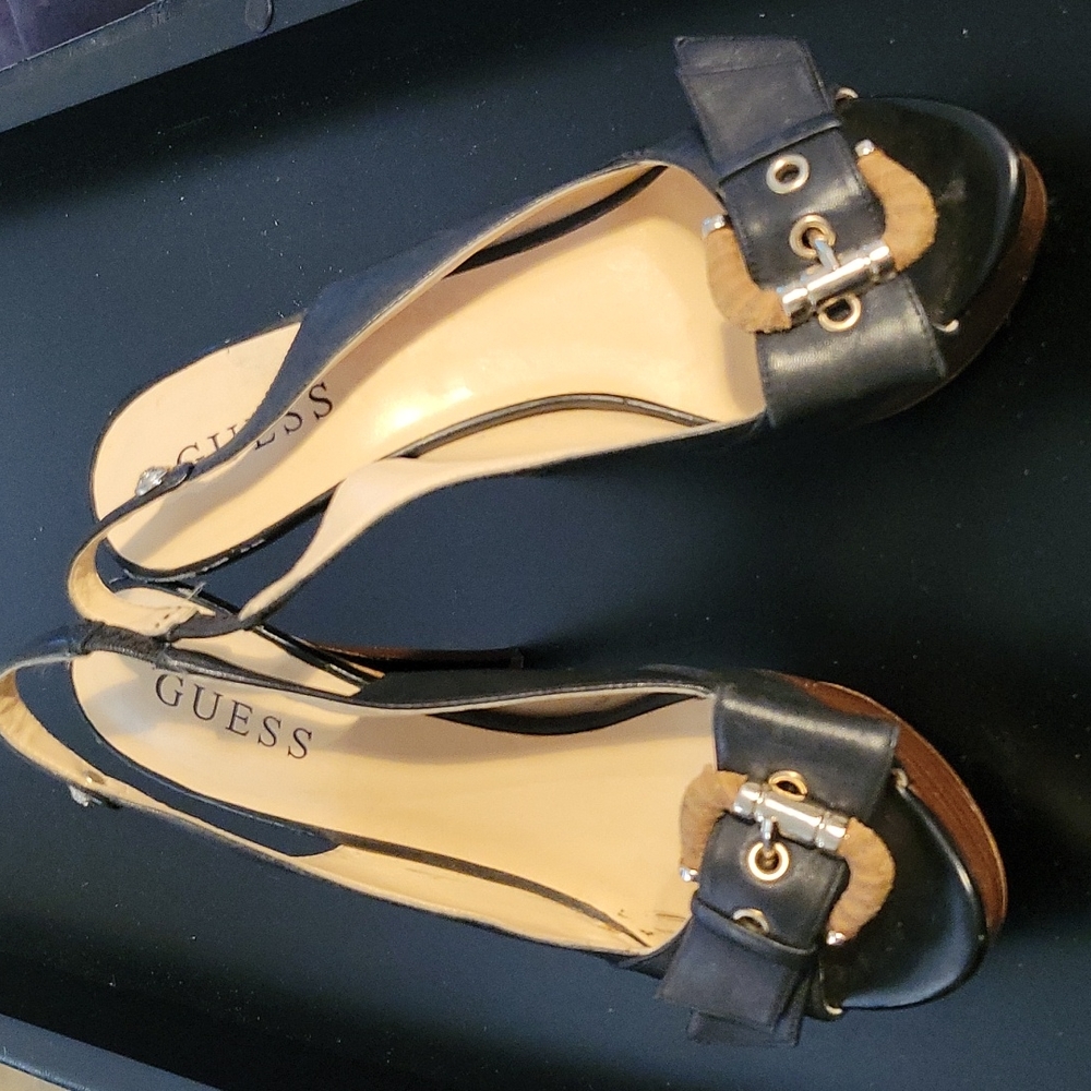 Guess Black Buckle Slingback Wooden Heels Size 6.5